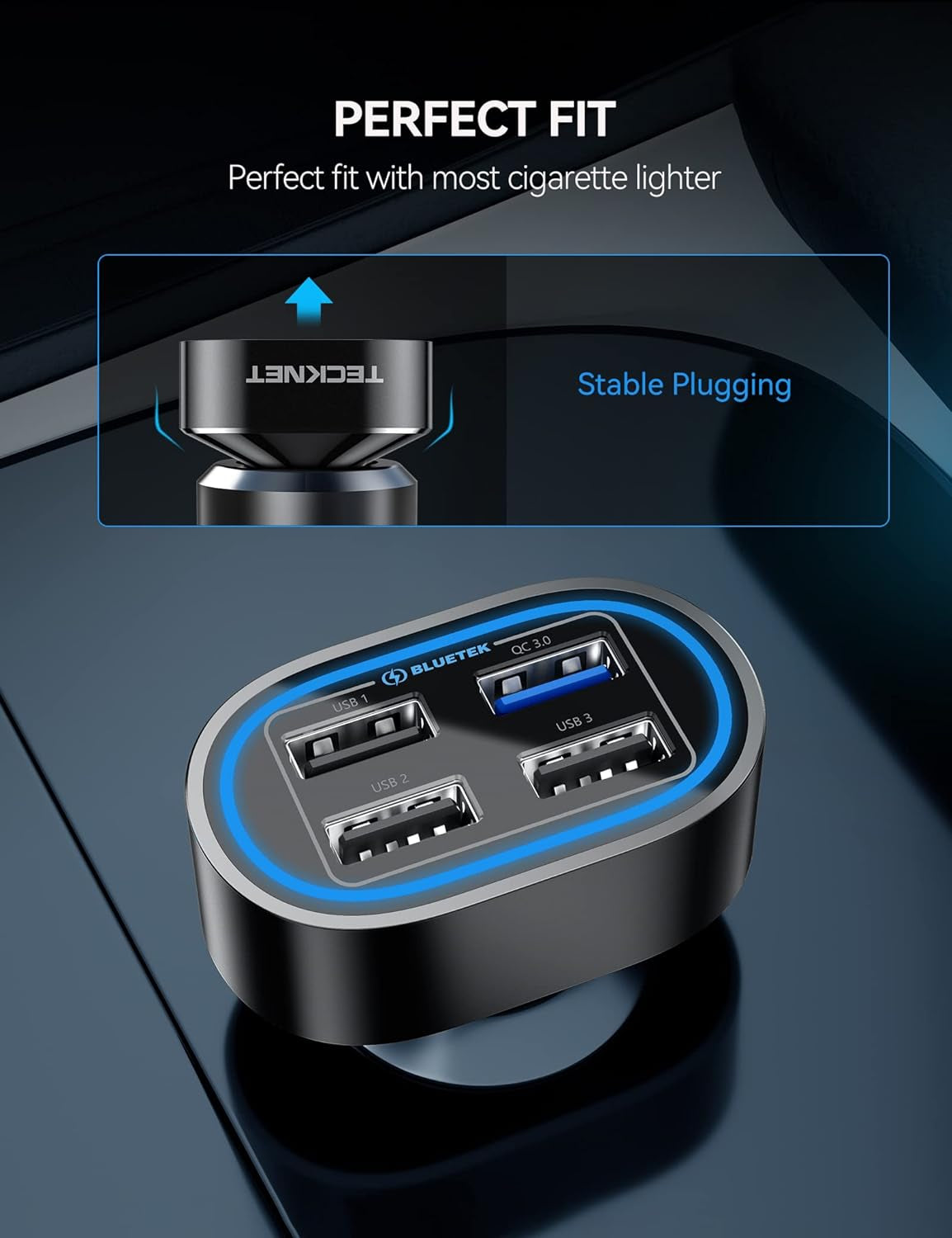 USB Car Charger, 54W 4-Port Car USB Charger Multi Port Adapter, QC 3.0 Port Cigarette Lighter Charger, Fast Charging Adapter, Compatible with Iphone 15 Pro Max/15 Plus/15/14/13 Galaxy