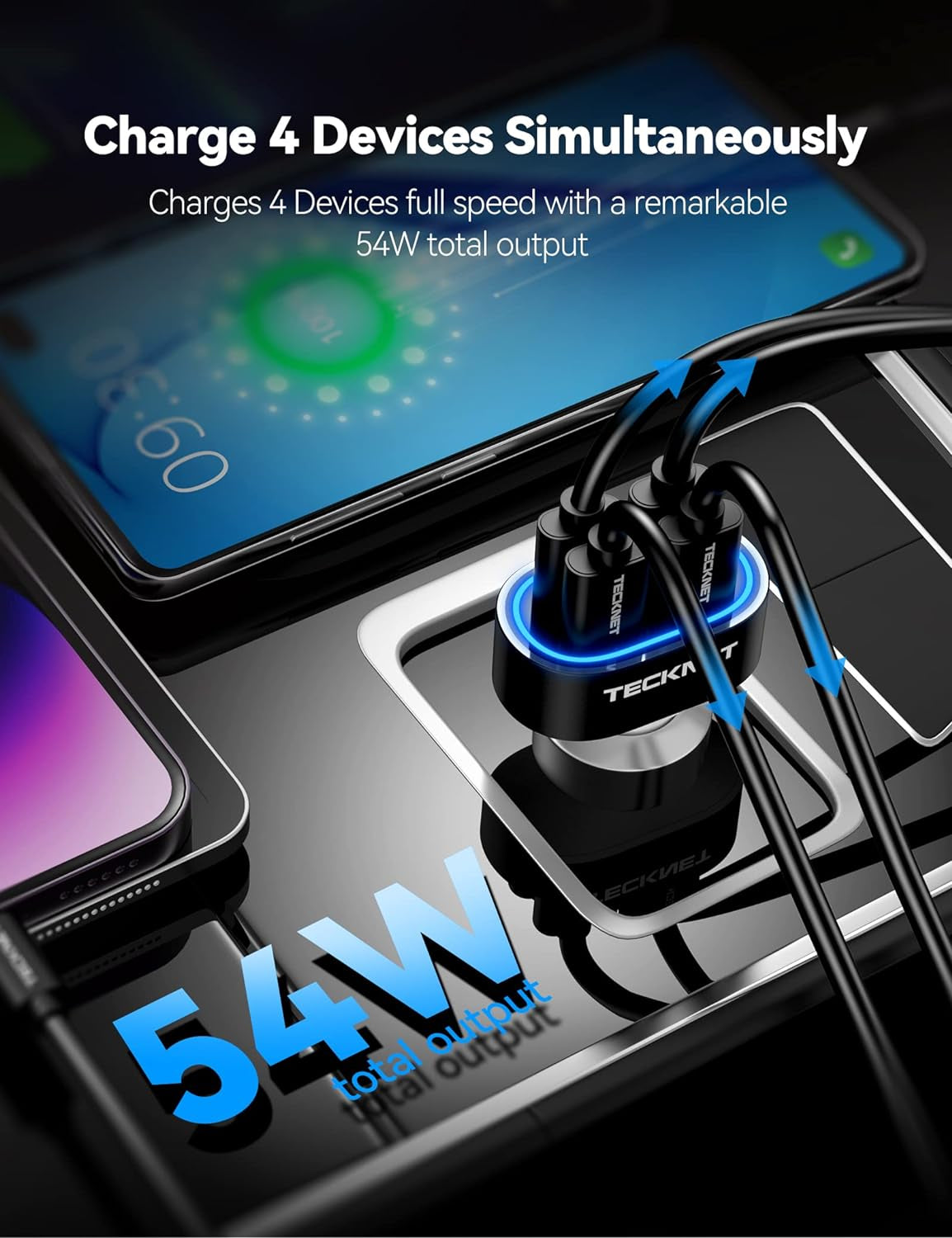 USB Car Charger, 54W 4-Port Car USB Charger Multi Port Adapter, QC 3.0 Port Cigarette Lighter Charger, Fast Charging Adapter, Compatible with Iphone 15 Pro Max/15 Plus/15/14/13 Galaxy