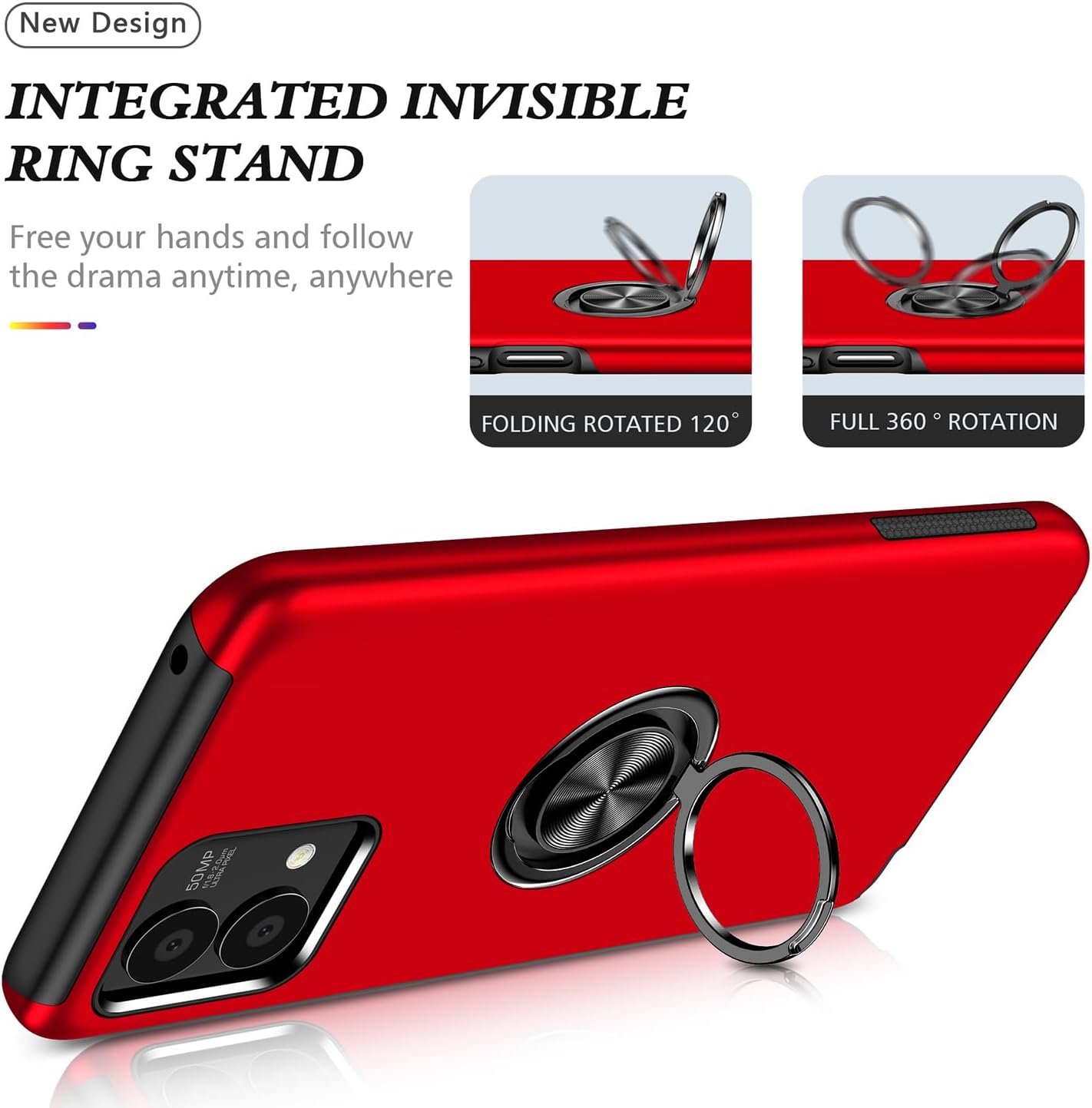 Motorola Moto G Stylus 5G 2023 Case - Military Grade Shockproof with Built-in Ring Holder & Kickstand - Car Mount Compatible - Red