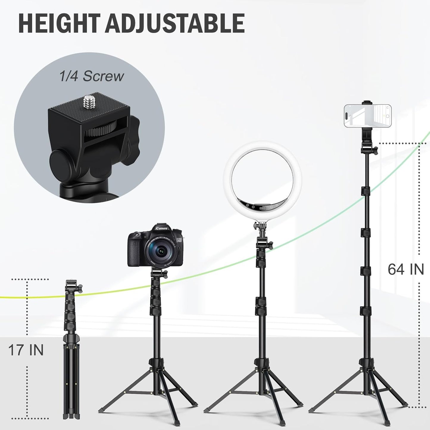 64” Tripod for Cell Phone & Camera, Phone Tripod with Remote and Phone Holder, Sturdy & Stable Height Adjustable Multi-Angle Shot Selfie Stick Tripod for Video Recording