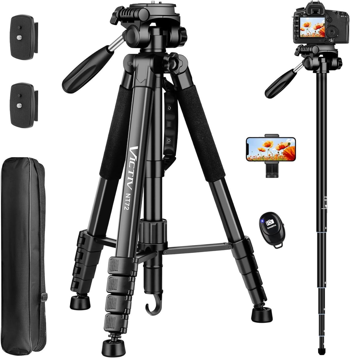 Victiv 72-inch Camera Tripod Aluminum Monopod T72 Max. Height 182 cm - Lightweight and Compact for Travel with 3-way Swivel Head and 2 Quick Release Plates for Canon Nikon DSLR Video Shooting - Black