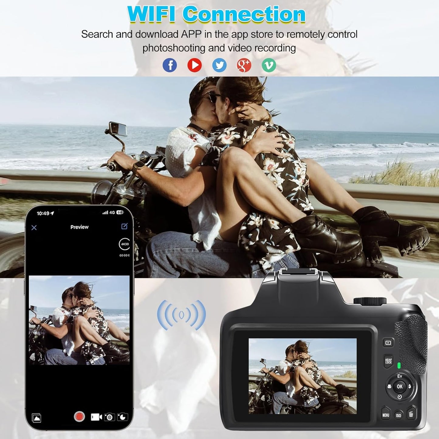 4K Digital Camera for Photography with WiFi, 10X Optical Zoom Vlogging Camera for YouTube 64MP Autofocus Compact Camera with 64GB SD Card, Battery, USB Card Reader & Charging Stand