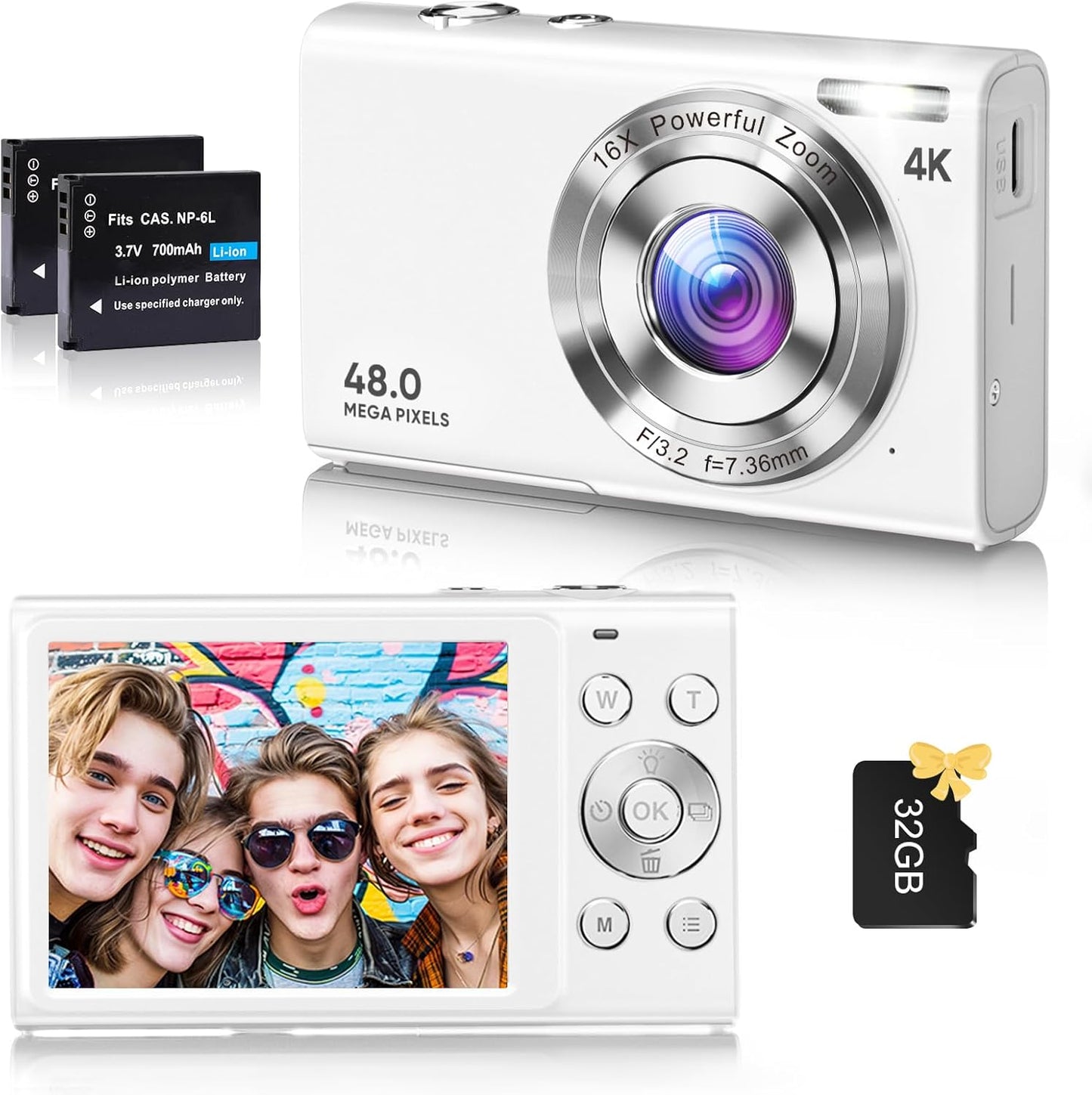 Digital Camera, 4K Vlogging Camera for YouTube Autofocus 48MP UHD Cameras for Photography with Anti-Shake, 16X Digital Zoom Point and Shoot Digital Camera with 32GB Card for Teens Adult Beginner-White