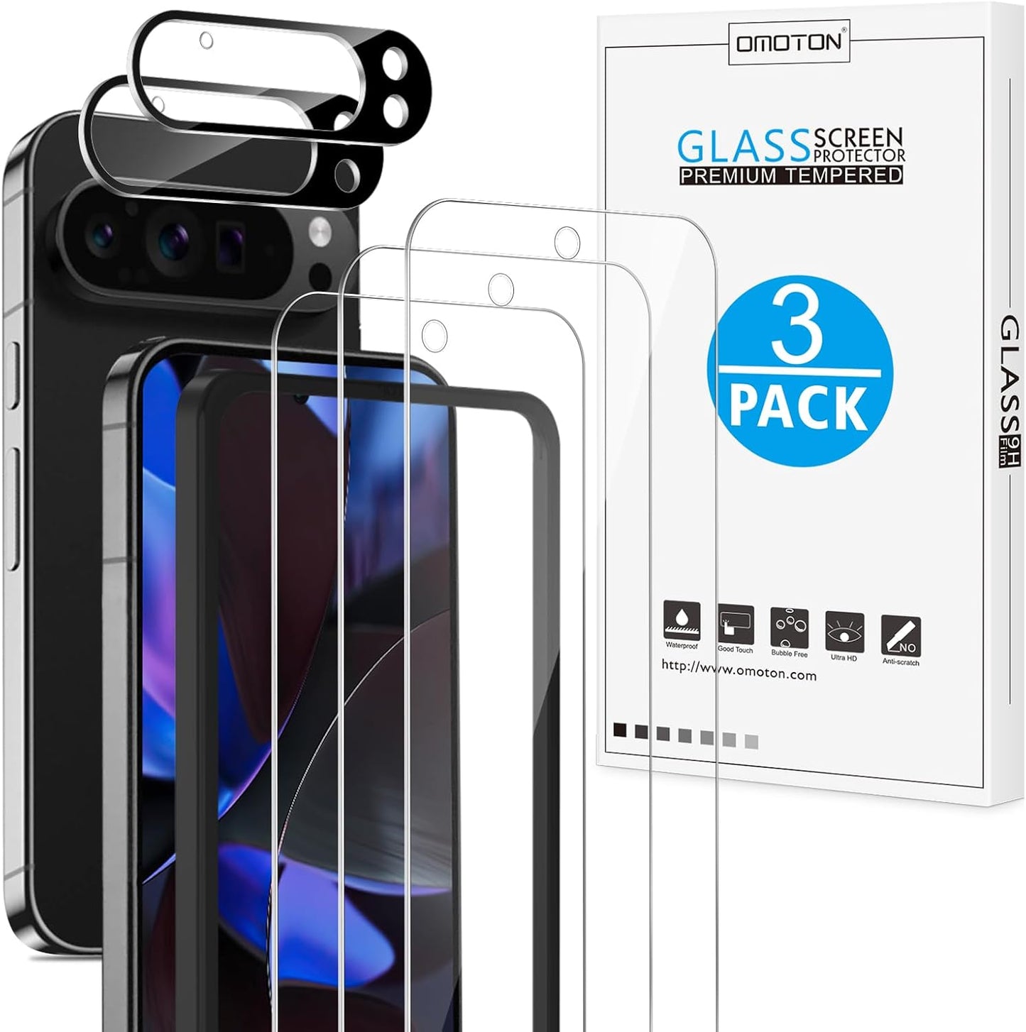 OMOTON 3+2 Pack for Google Pixel 9 Pro XL Screen Protector, 3 Tempered Glass Film & 2 Camera Lens Protector, Bubble-free, Not for 9 Pro/ 9