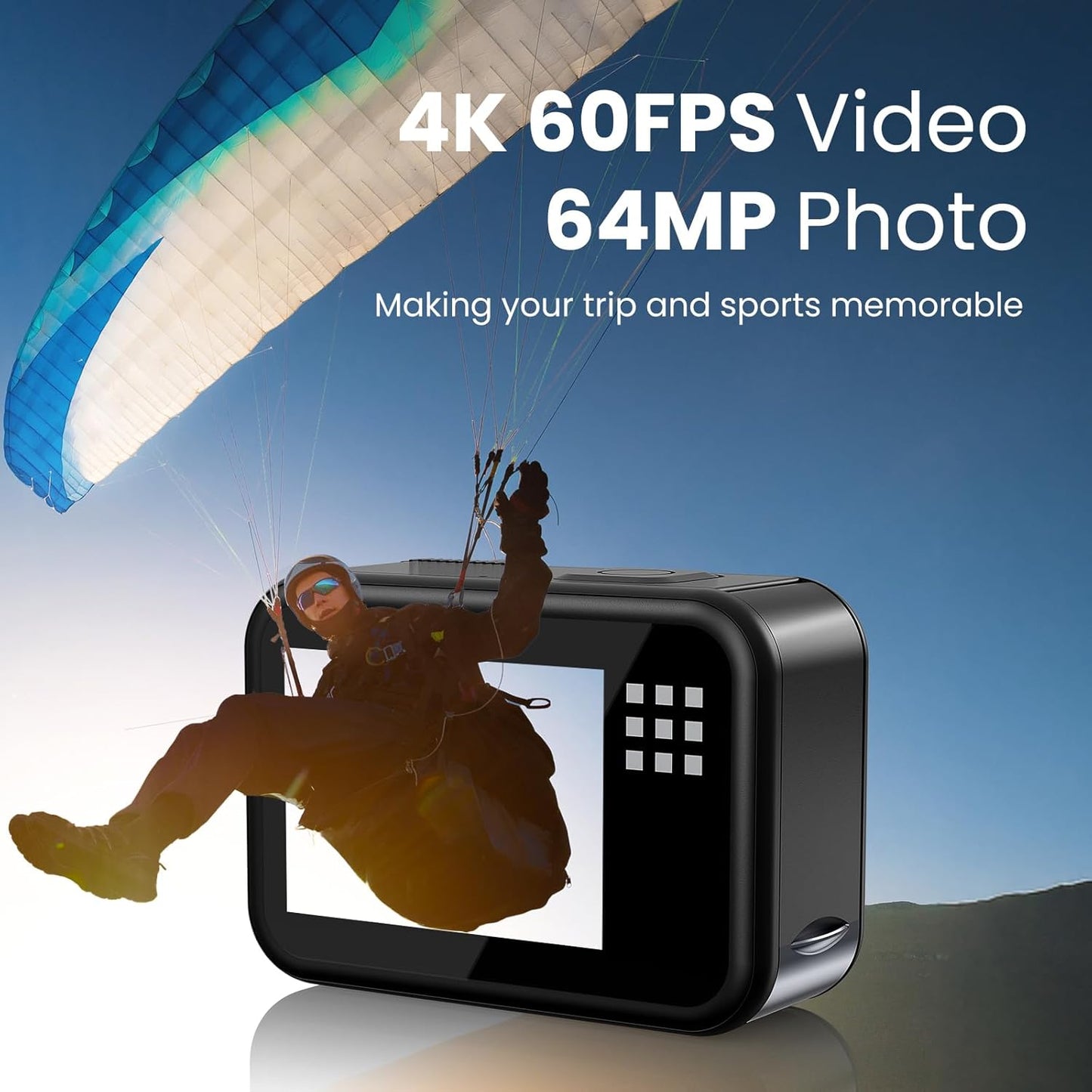 Upgrade 4K60FPS WiFi Action Camera 64MP Waterproof Camera with Touch Rear Screen, 8X Zoom Underwater Camera Snorkeling 65FT No Need a Waterproof Case with 64GB Card, Ideal for Travel Sports Vlog