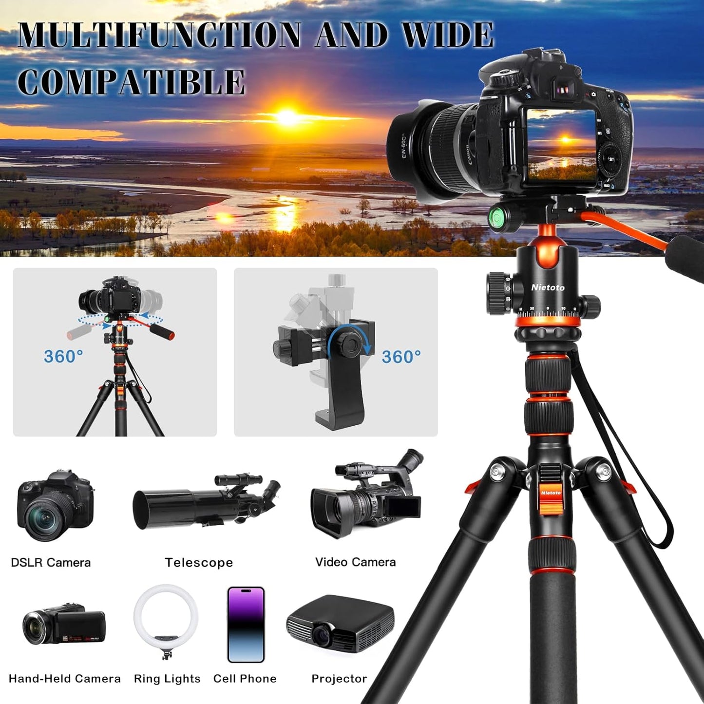 68" Tripod for Camera, 2 in1 Camera Tripods & Monopods with Removable Handle, Professional CNC Ball Head Camera Tripod, Heavy Duty Tripod for DSLR Camera Lasers Spotting Scope Binoculars Telescope