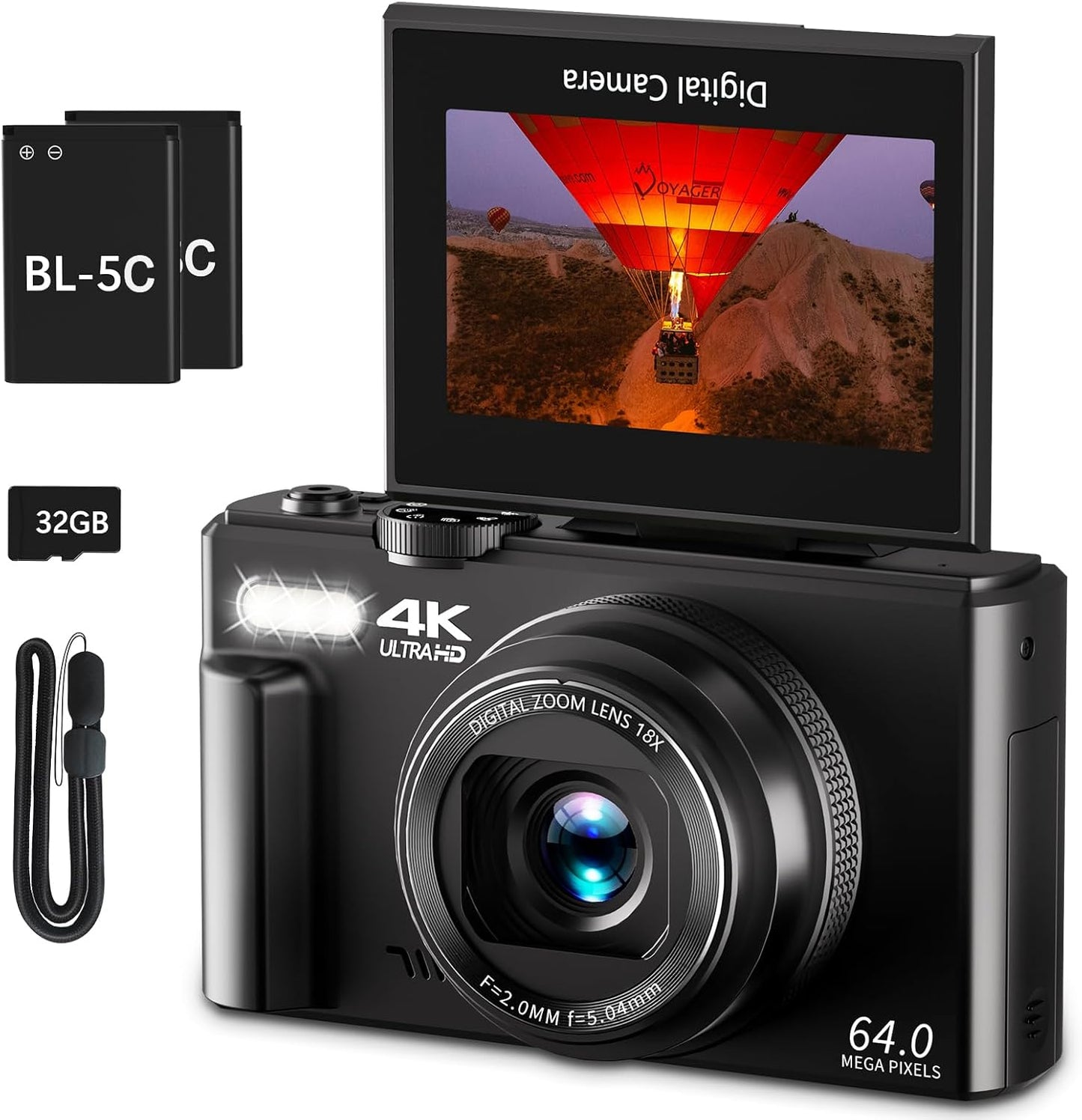 4K Digital Camera for Photography, 64MP Vlogging Camera for YouTube with 3" 180° Flip Screen, 18X Digital Zoom Point and Shoot Camera with 32GB Micro SD Card for Beginner (Black)