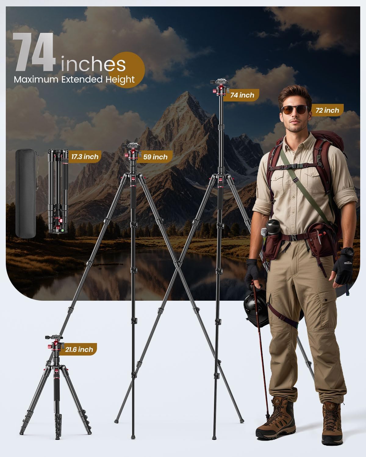 74-inch-Professional-Camera-Photography-Tripod, Ball Head Aluminum DSLR/SLR Tripod & Monopod with Carry Bag Compatible with Canon Nikon Binoculars Laser Telescope (Weight 3 Lbs, 13Lbs Load)