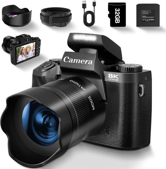 8K Digital Camera for Photography, Vlogging Camera for Youtube with Autofocus, WiFi Touchscreen 16X Digital Zoom Video Camera with 3000mAh Battery, Dual-lens, Lens Hood, 32GB TF Card and Flash,Black