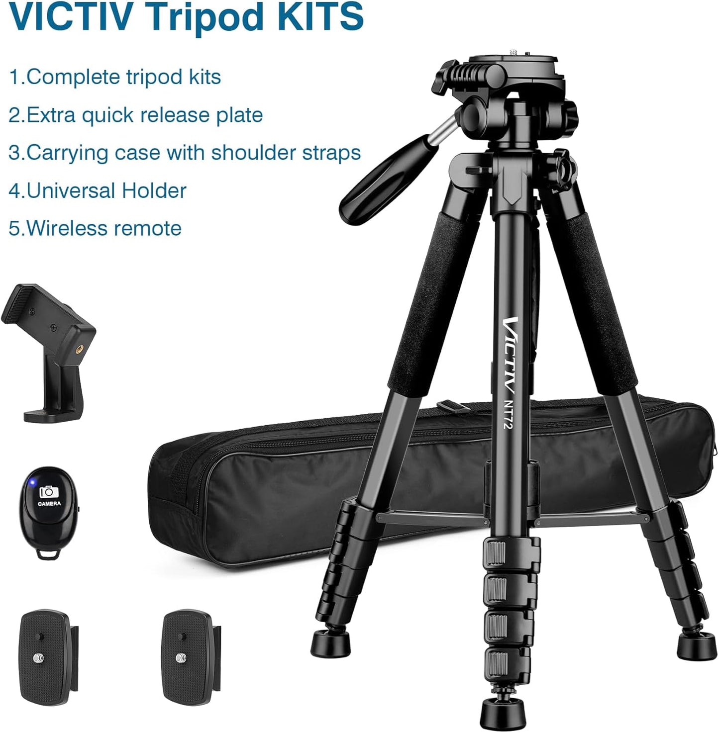 Victiv 72-inch Camera Tripod Aluminum Monopod T72 Max. Height 182 cm - Lightweight and Compact for Travel with 3-way Swivel Head and 2 Quick Release Plates for Canon Nikon DSLR Video Shooting - Black