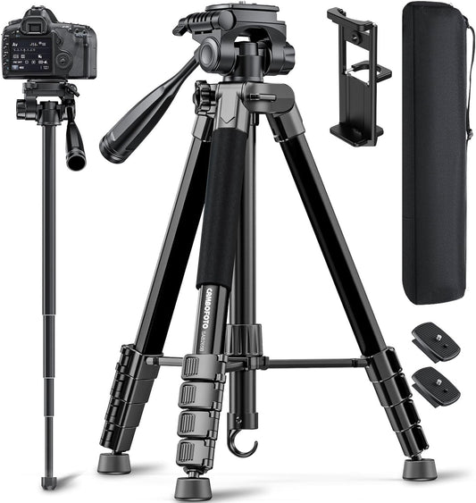 73" Camera Tripod and Monopod, Professional Aluminum Tripod Stand for Mirrorless Camera/DSLR/Cell Phone/Camcorder/GoPro, with Phone Holder and Travel Bag (Black)