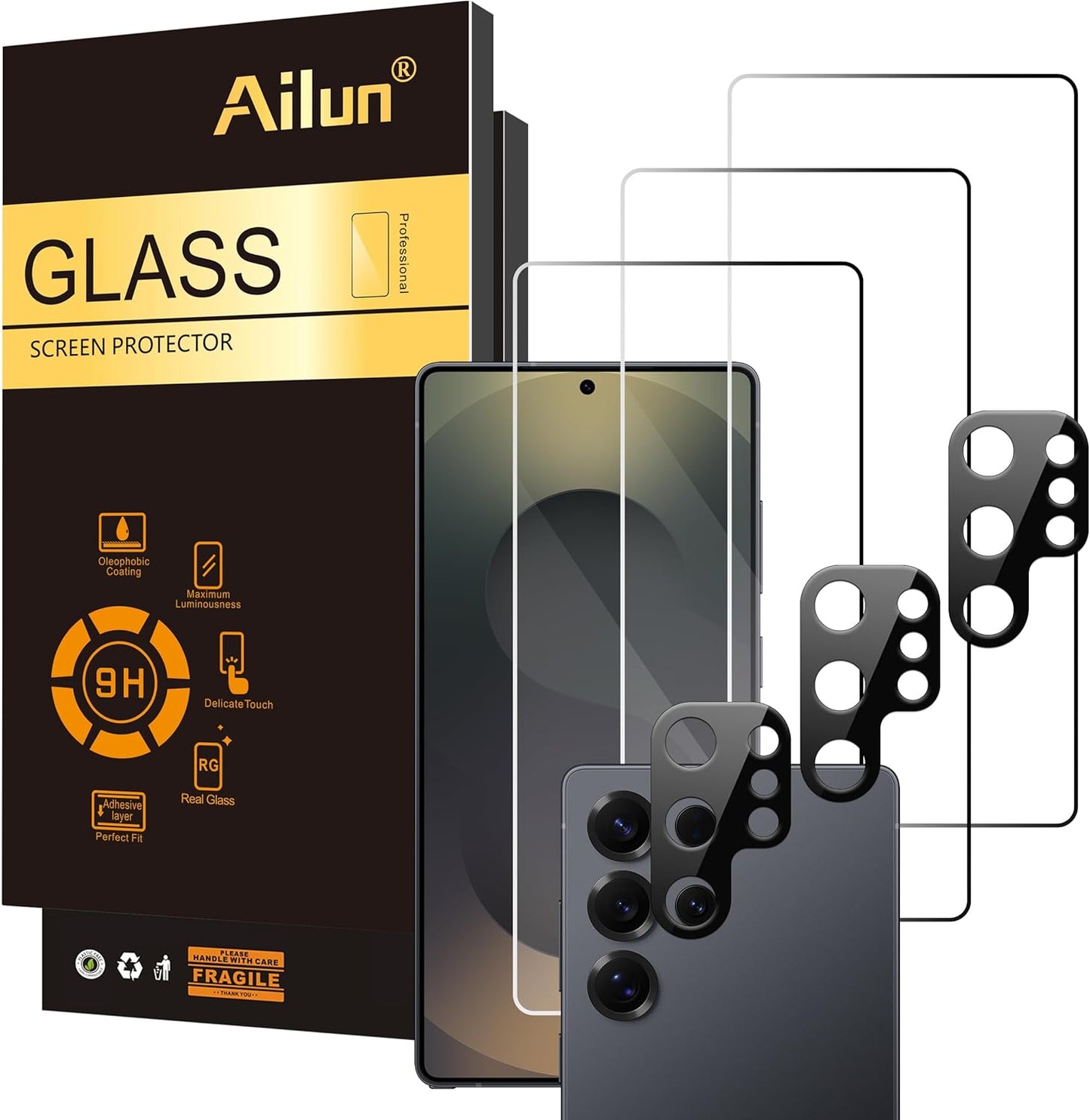 Ailun Glass Screen Protector for Galaxy S25 Ultra [6.9 Inch] 3Pack + 3Pack Camera Lens Tempered Glass Fingerprint Unlock 0.25mm Ultra Clear Anti-Scratch Case Friendly [Not For S25/S25 Plus]