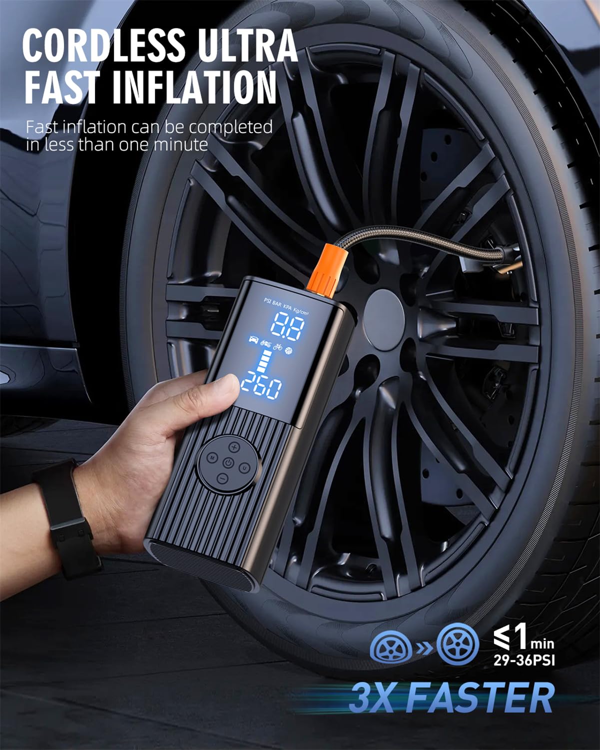 Tire Inflator Portable Air Compressor-180PSI & 20000mAh Portable Air Pump, Accurate Pressure LCD Display, 3X Fast Inflation for Cars, Bikes & Motorcycle Tires, Balls