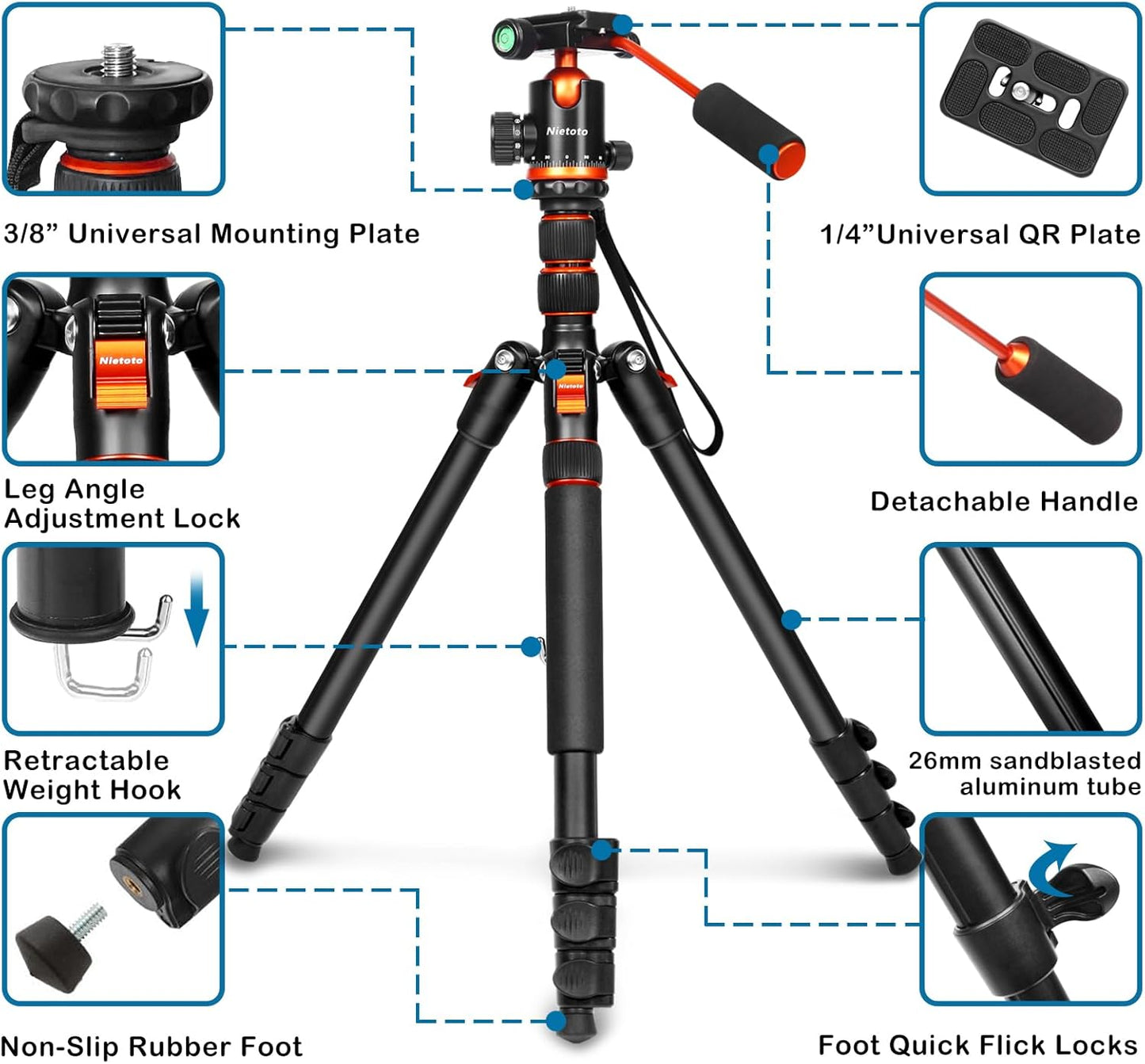 68" Tripod for Camera, 2 in1 Camera Tripods & Monopods with Removable Handle, Professional CNC Ball Head Camera Tripod, Heavy Duty Tripod for DSLR Camera Lasers Spotting Scope Binoculars Telescope