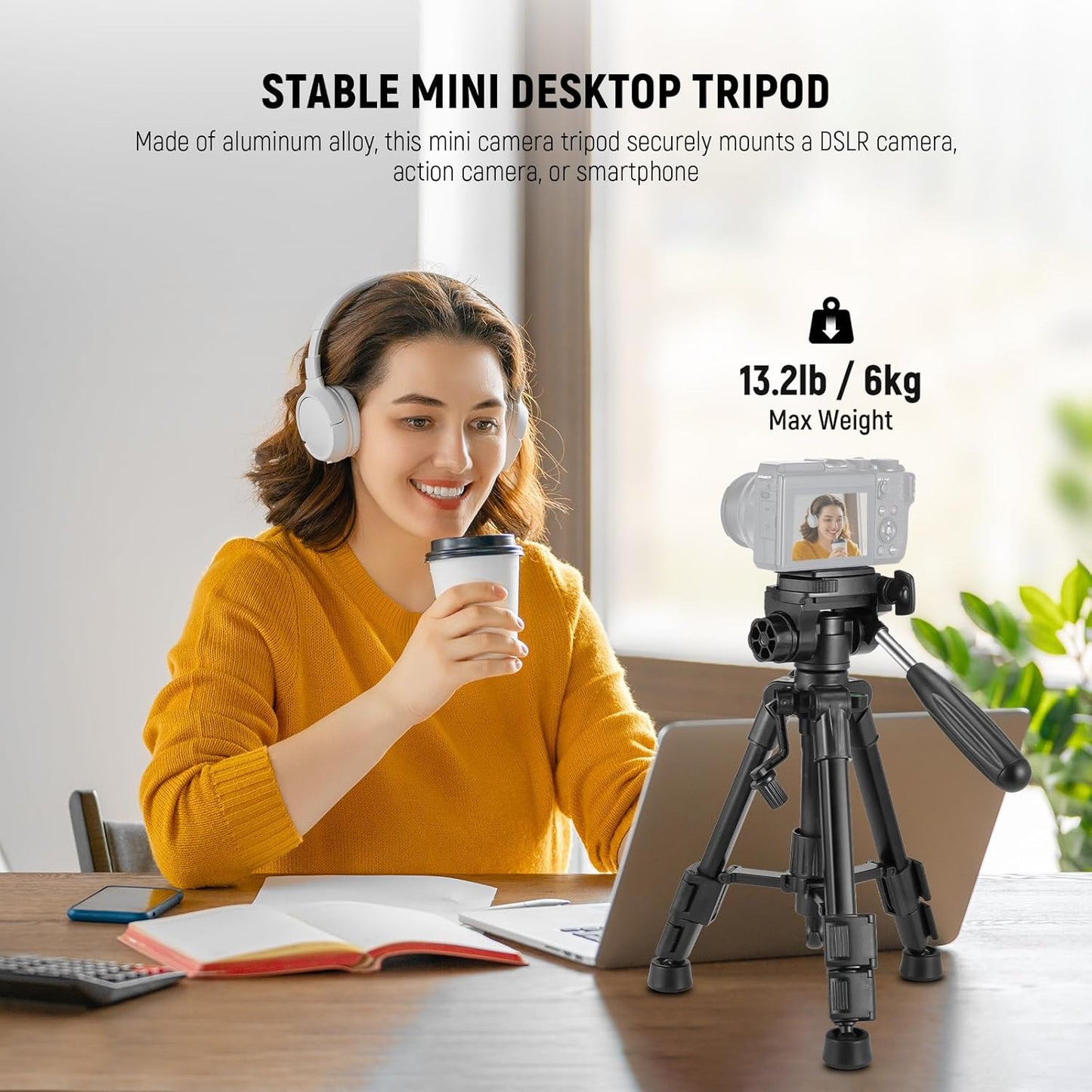 NEEWER Basic Mini Desk Tripod for iPhone & Camera with 3 Way Pan Tilt Head, Handle & Remote, Metal Portable Table Top Video Phone Tripod with 1/4" Plate for DSLR Camera Camcorder, Max Load 13lb, TP02