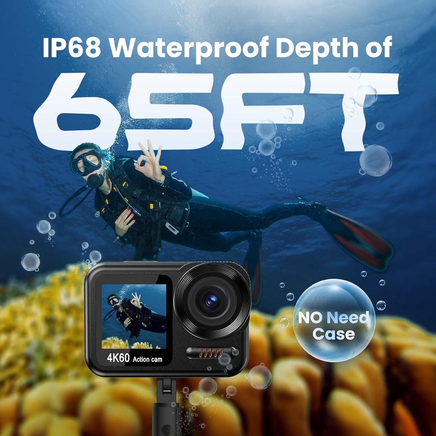 Upgrade 4K60FPS WiFi Action Camera 64MP Waterproof Camera with Touch Rear Screen, 8X Zoom Underwater Camera Snorkeling 65FT No Need a Waterproof Case with 64GB Card, Ideal for Travel Sports Vlog