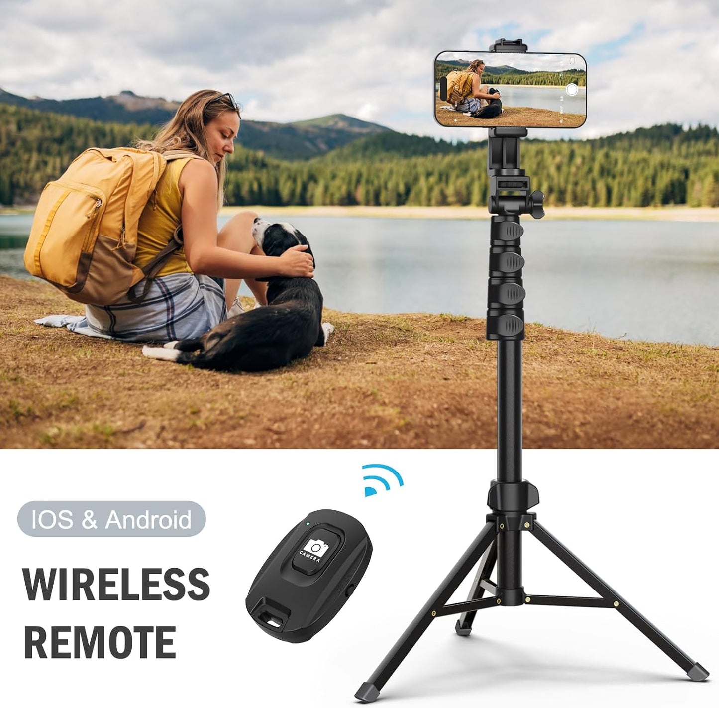 64” Tripod for Cell Phone & Camera, Phone Tripod with Remote and Phone Holder, Sturdy & Stable Height Adjustable Multi-Angle Shot Selfie Stick Tripod for Video Recording