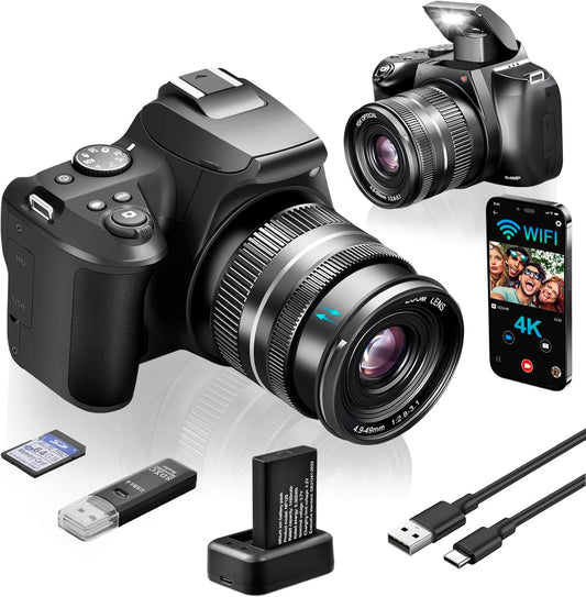 4K Digital Camera for Photography with WiFi, 10X Optical Zoom Vlogging Camera for YouTube 64MP Autofocus Compact Camera with 64GB SD Card, Battery, USB Card Reader & Charging Stand