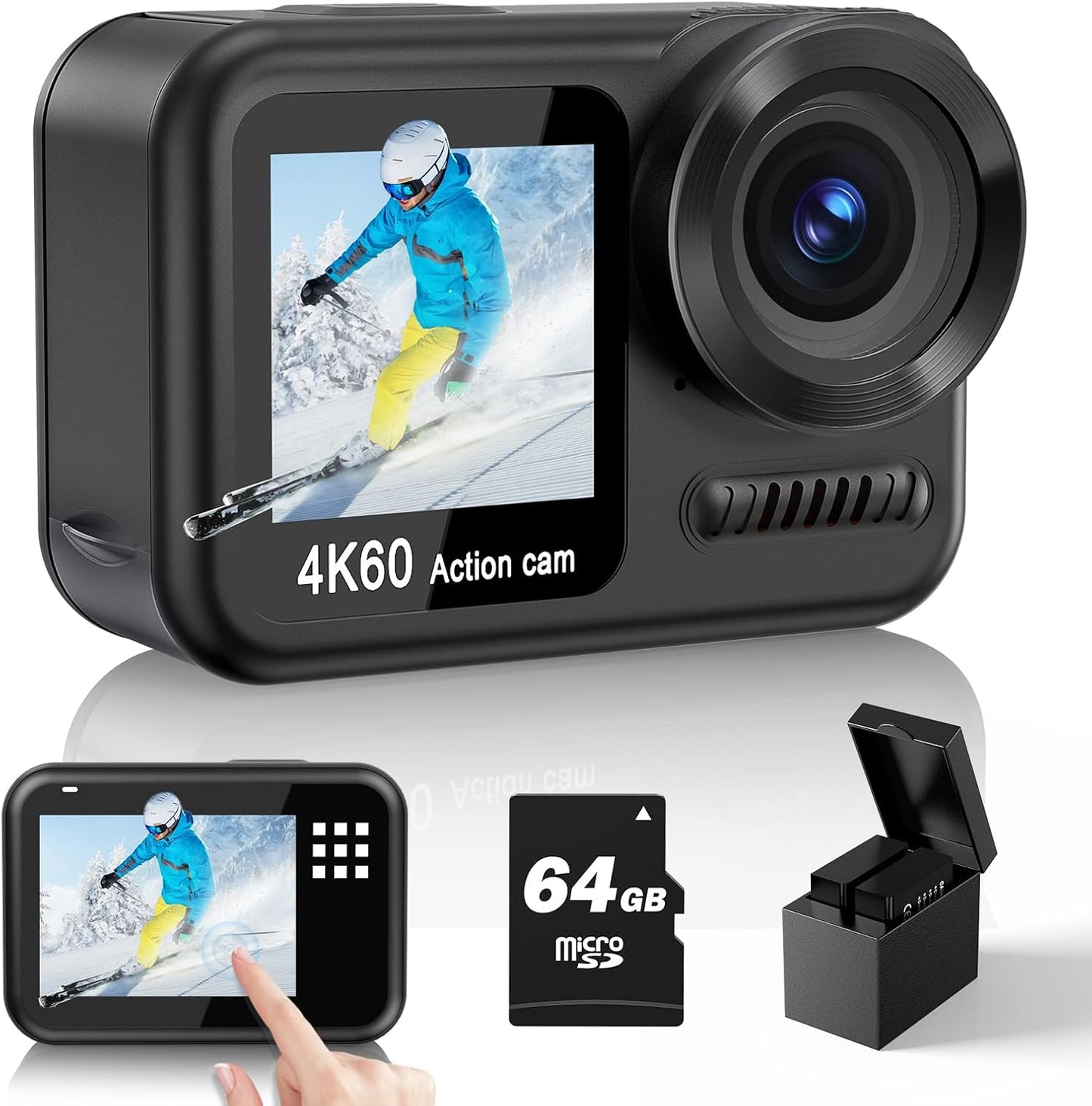 Upgrade 4K60FPS WiFi Action Camera 64MP Waterproof Camera with Touch Rear Screen, 8X Zoom Underwater Camera Snorkeling 65FT No Need a Waterproof Case with 64GB Card, Ideal for Travel Sports Vlog