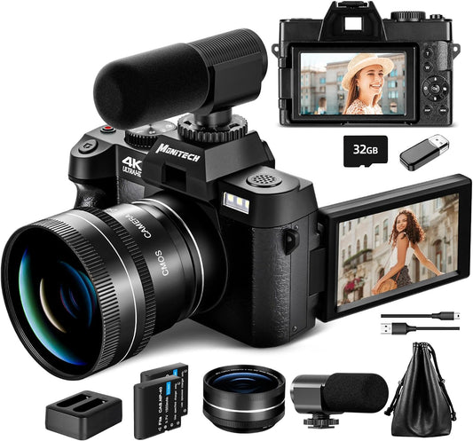 Mo Digital Cameras for Photography & 4K Video, 48 MP Vlogging Camera for YouTube with 180° Flip Screen,16X Digital Zoom,Flash & Autofocus,52mm Wide Angle & Macro Lens,2 Batteries,32GB SD Card(Black)