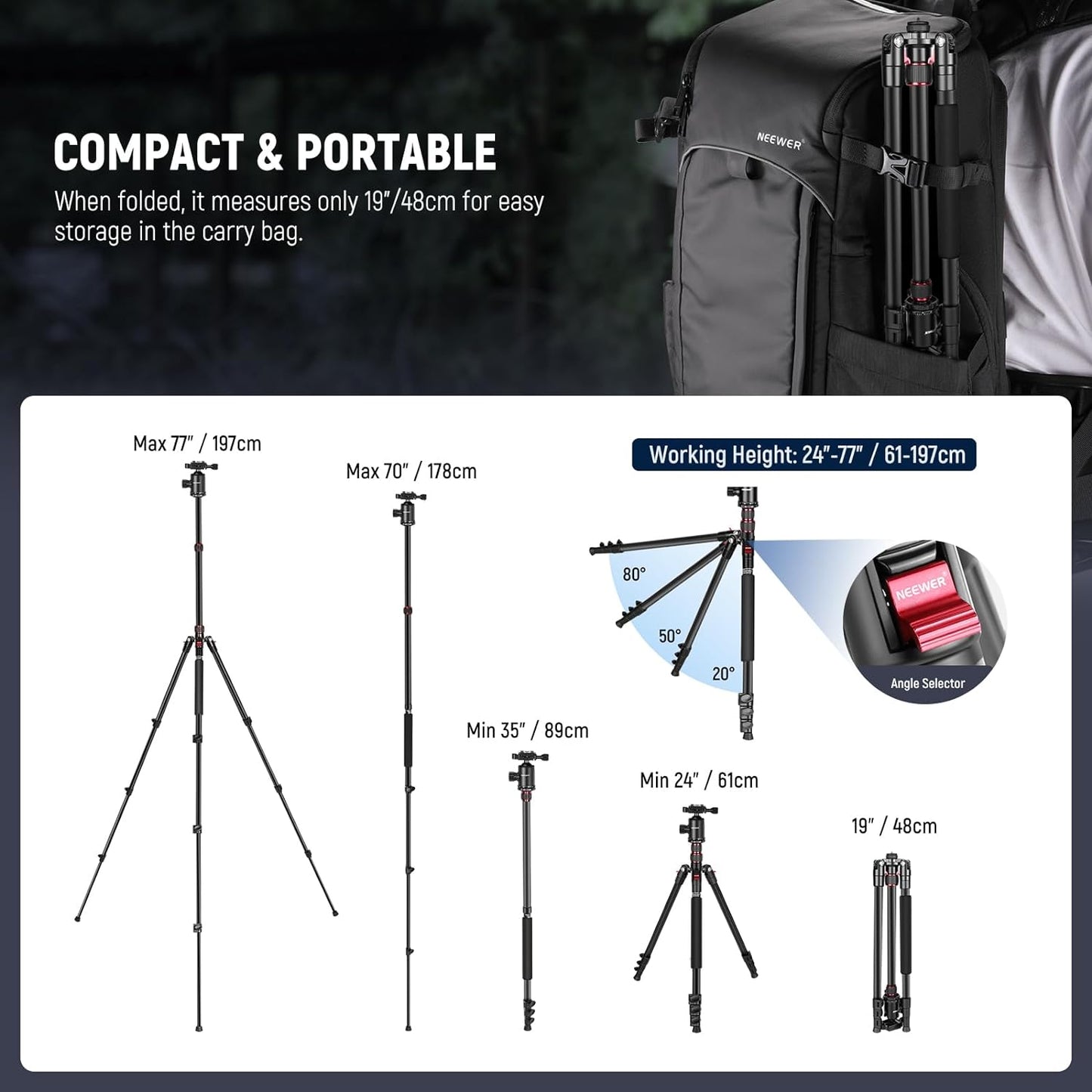 NEEWER 77 inch Camera Tripod Monopod for DSLR, Phone with 360° Panoramic Ball Head, 2 Axis Center Column, Arca Type QR Plate, Compact Aluminum Lightweight Travel Tripod 34lb Max Load, Bag Included