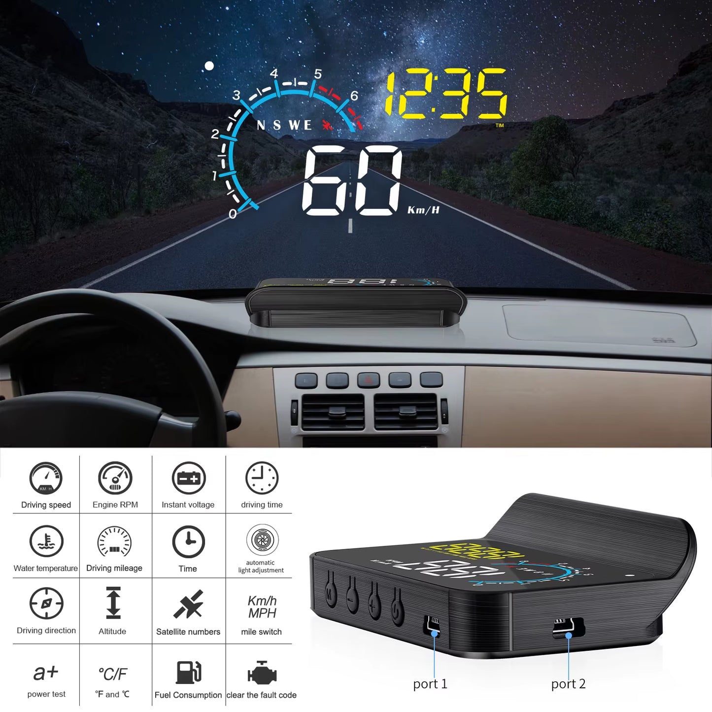 M12 HUD Car OBD2 GPS HUD On-Board Computer Auto Projector Head up Display Gadgets Inteligentes Electronics for Car Speedometer