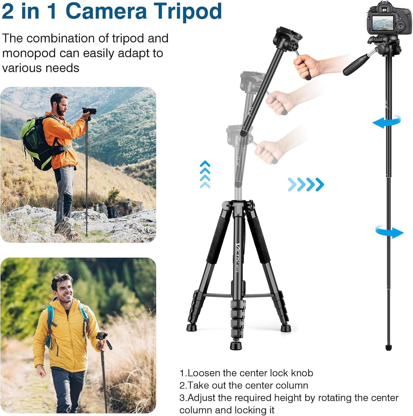 Victiv 72-inch Camera Tripod Aluminum Monopod T72 Max. Height 182 cm - Lightweight and Compact for Travel with 3-way Swivel Head and 2 Quick Release Plates for Canon Nikon DSLR Video Shooting - Black