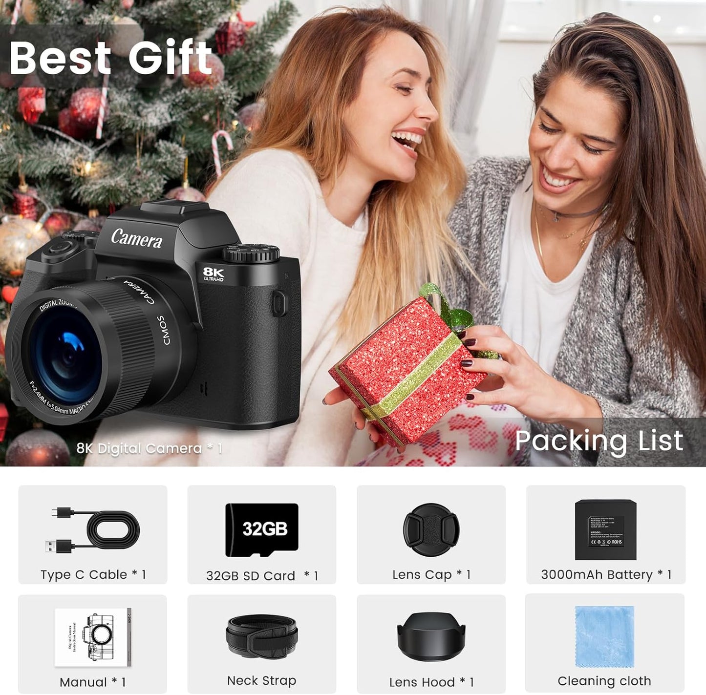 8K Digital Camera for Photography, Vlogging Camera for Youtube with Autofocus, WiFi Touchscreen 16X Digital Zoom Video Camera with 3000mAh Battery, Dual-lens, Lens Hood, 32GB TF Card and Flash,Black