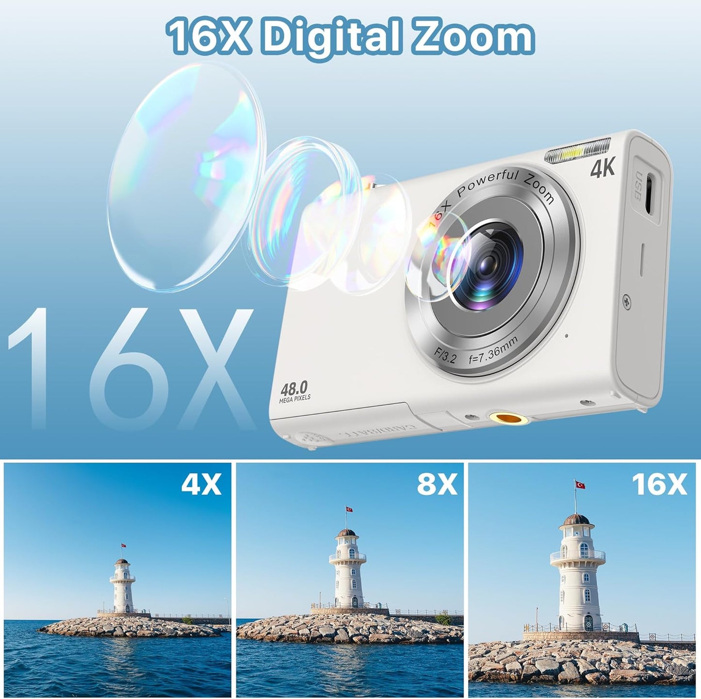 Digital Camera, 4K Vlogging Camera for YouTube Autofocus 48MP UHD Cameras for Photography with Anti-Shake, 16X Digital Zoom Point and Shoot Digital Camera with 32GB Card for Teens Adult Beginner-White