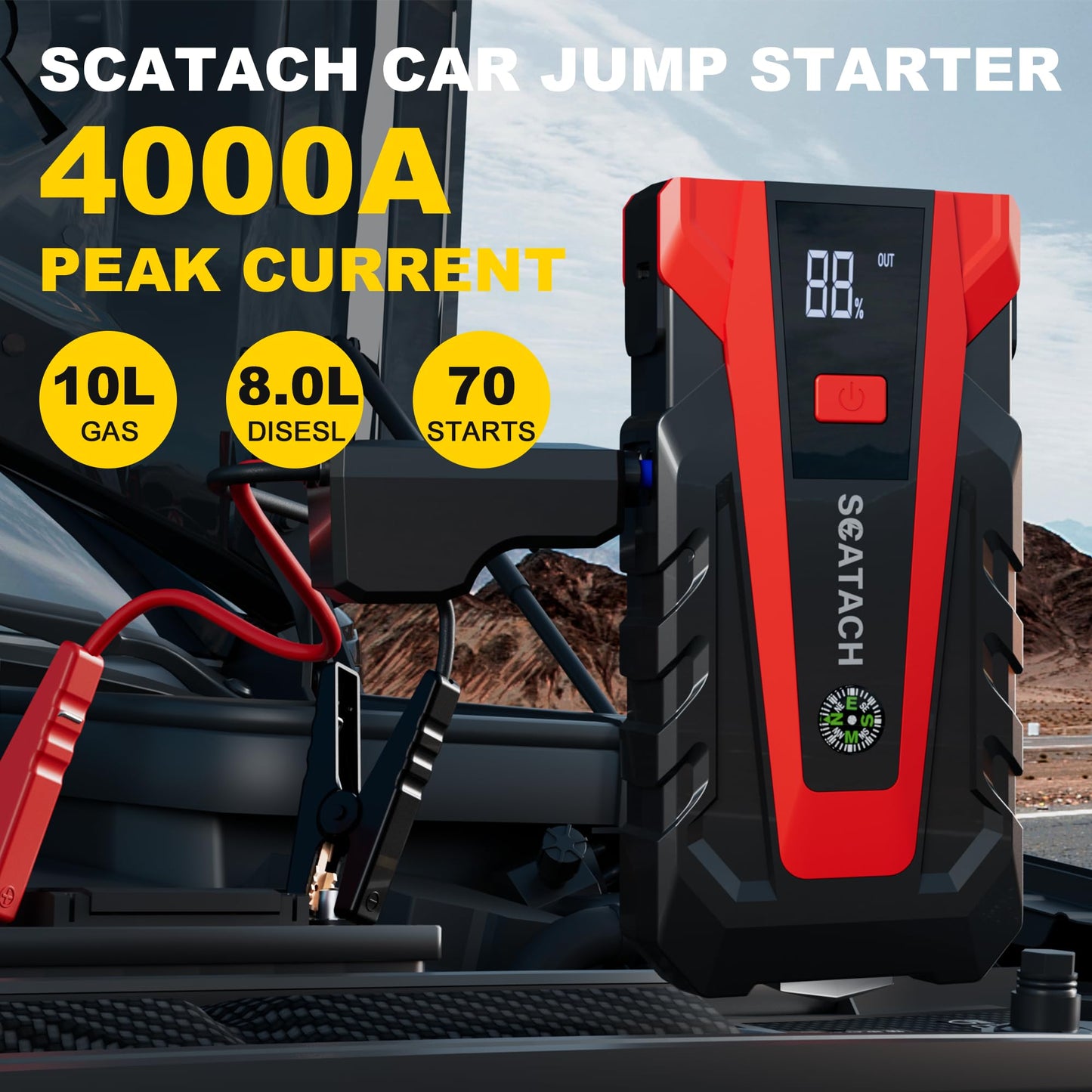 Scatach 011 3000A Car Battery Jump Starter,12V Jump Starter Battery Pack (up to 9.0L Gasoline and 7.0L Diesel Engine), Portable Jump Box with 3 Modes Flashlight and Jumper Cable