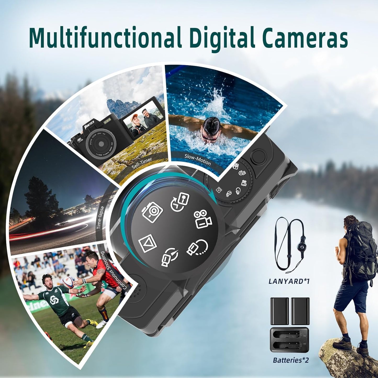 Mo Digital Cameras for Photography & 4K Video, 48 MP Vlogging Camera for YouTube with 180° Flip Screen,16X Digital Zoom,Flash & Autofocus,52mm Wide Angle & Macro Lens,2 Batteries,32GB SD Card(Black)