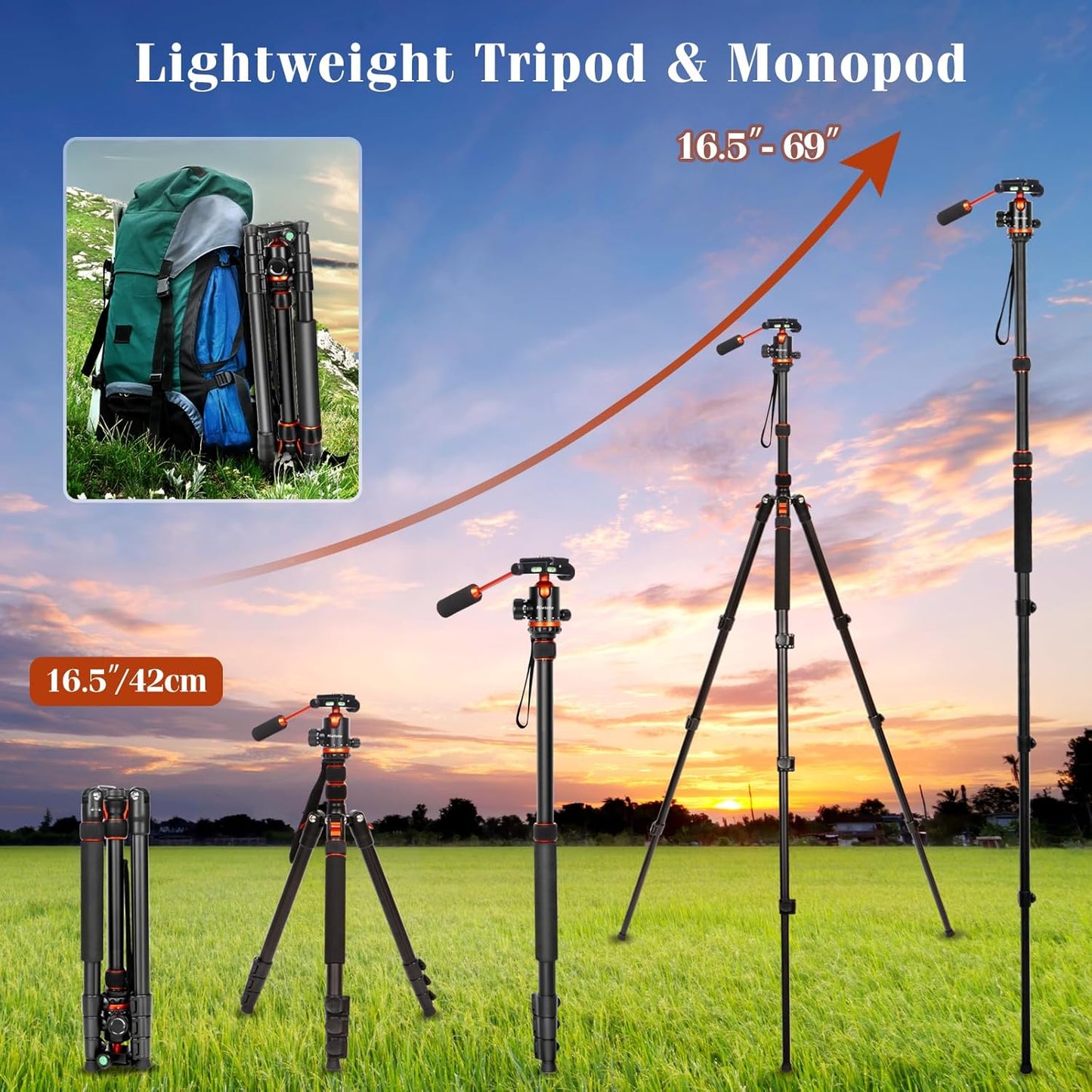 68" Tripod for Camera, 2 in1 Camera Tripods & Monopods with Removable Handle, Professional CNC Ball Head Camera Tripod, Heavy Duty Tripod for DSLR Camera Lasers Spotting Scope Binoculars Telescope