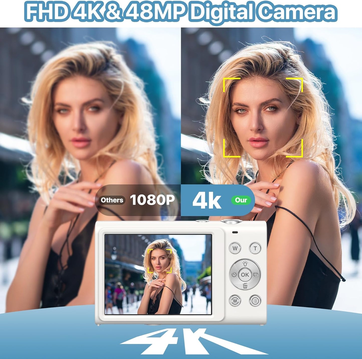 Digital Camera, 4K Vlogging Camera for YouTube Autofocus 48MP UHD Cameras for Photography with Anti-Shake, 16X Digital Zoom Point and Shoot Digital Camera with 32GB Card for Teens Adult Beginner-White