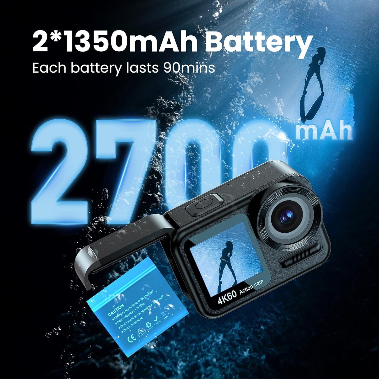 Upgrade 4K60FPS WiFi Action Camera 64MP Waterproof Camera with Touch Rear Screen, 8X Zoom Underwater Camera Snorkeling 65FT No Need a Waterproof Case with 64GB Card, Ideal for Travel Sports Vlog