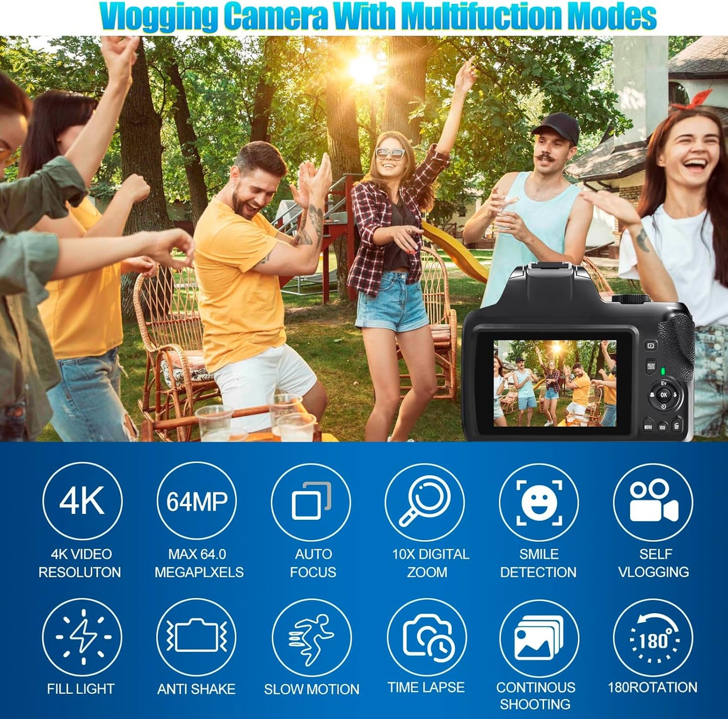 4K Digital Camera for Photography with WiFi, 10X Optical Zoom Vlogging Camera for YouTube 64MP Autofocus Compact Camera with 64GB SD Card, Battery, USB Card Reader & Charging Stand