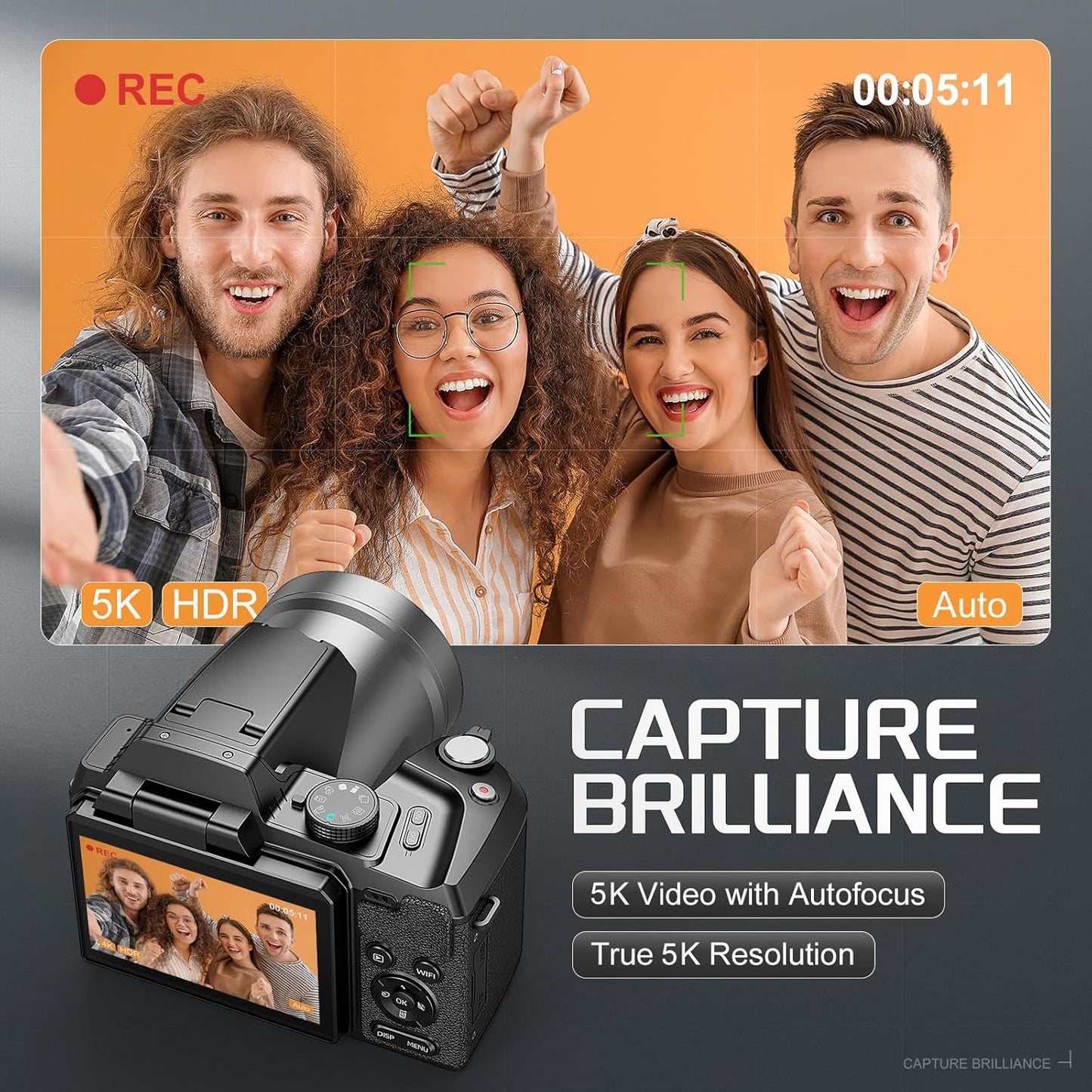 64MP Digital Camera for Photography Autofocus, 5K vlogging Camera for YouTube,16X Anti-Shake Compact Travel Camera with WiFi & App Control, Flash,SD Card, 2 Batteries S205-BP