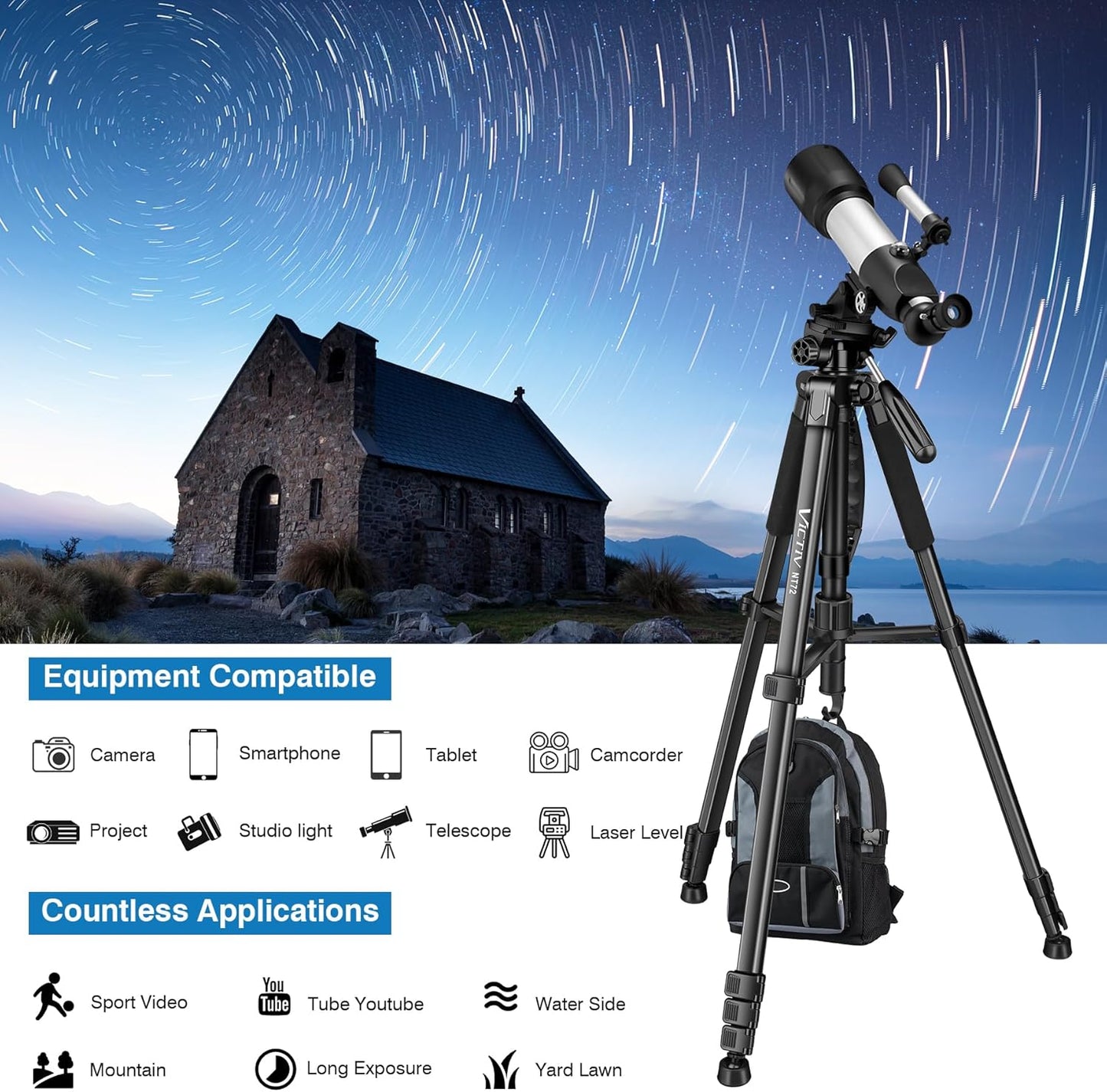 Victiv 72-inch Camera Tripod Aluminum Monopod T72 Max. Height 182 cm - Lightweight and Compact for Travel with 3-way Swivel Head and 2 Quick Release Plates for Canon Nikon DSLR Video Shooting - Black