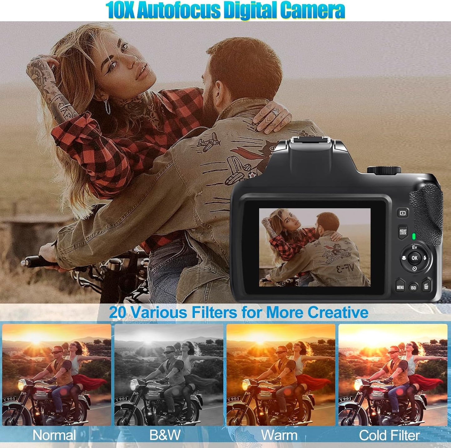 4K Digital Camera for Photography with WiFi, 10X Optical Zoom Vlogging Camera for YouTube 64MP Autofocus Compact Camera with 64GB SD Card, Battery, USB Card Reader & Charging Stand