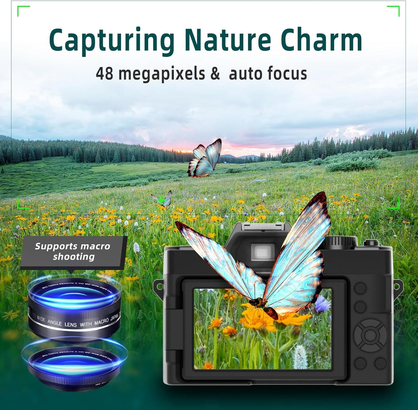 Mo Digital Cameras for Photography & 4K Video, 48 MP Vlogging Camera for YouTube with 180° Flip Screen,16X Digital Zoom,Flash & Autofocus,52mm Wide Angle & Macro Lens,2 Batteries,32GB SD Card(Black)