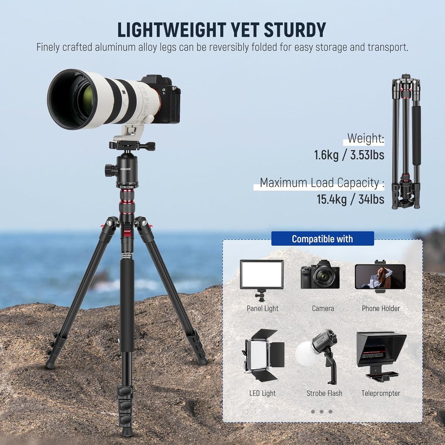 NEEWER 77 inch Camera Tripod Monopod for DSLR, Phone with 360° Panoramic Ball Head, 2 Axis Center Column, Arca Type QR Plate, Compact Aluminum Lightweight Travel Tripod 34lb Max Load, Bag Included