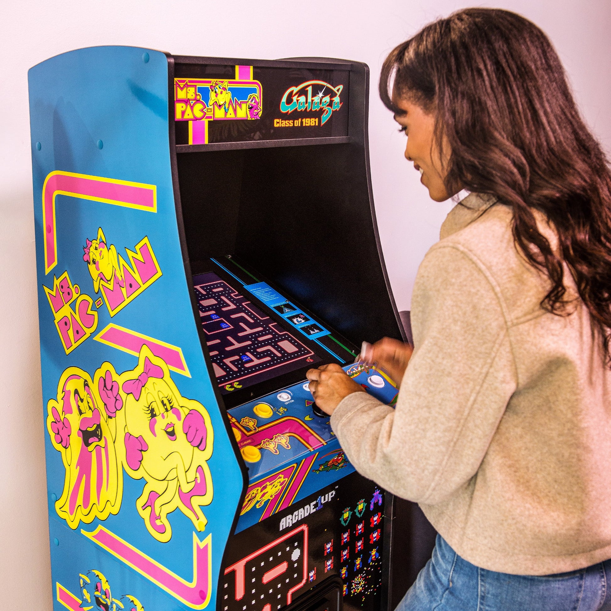 Ms. PAC-MAN & GALAGA Class of ‘81 Deluxe Arcade Game, Built for Your Home, with 5-Foot-Tall Full-Size Stand-Up Cabinet, 12 Classic Games, and 17-Inch Screen