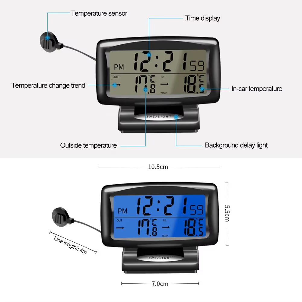 Car Thermometer Digital Alarm Clock Auto Vehicles Temperature Gauge with Backlight Car Electronics Accessories