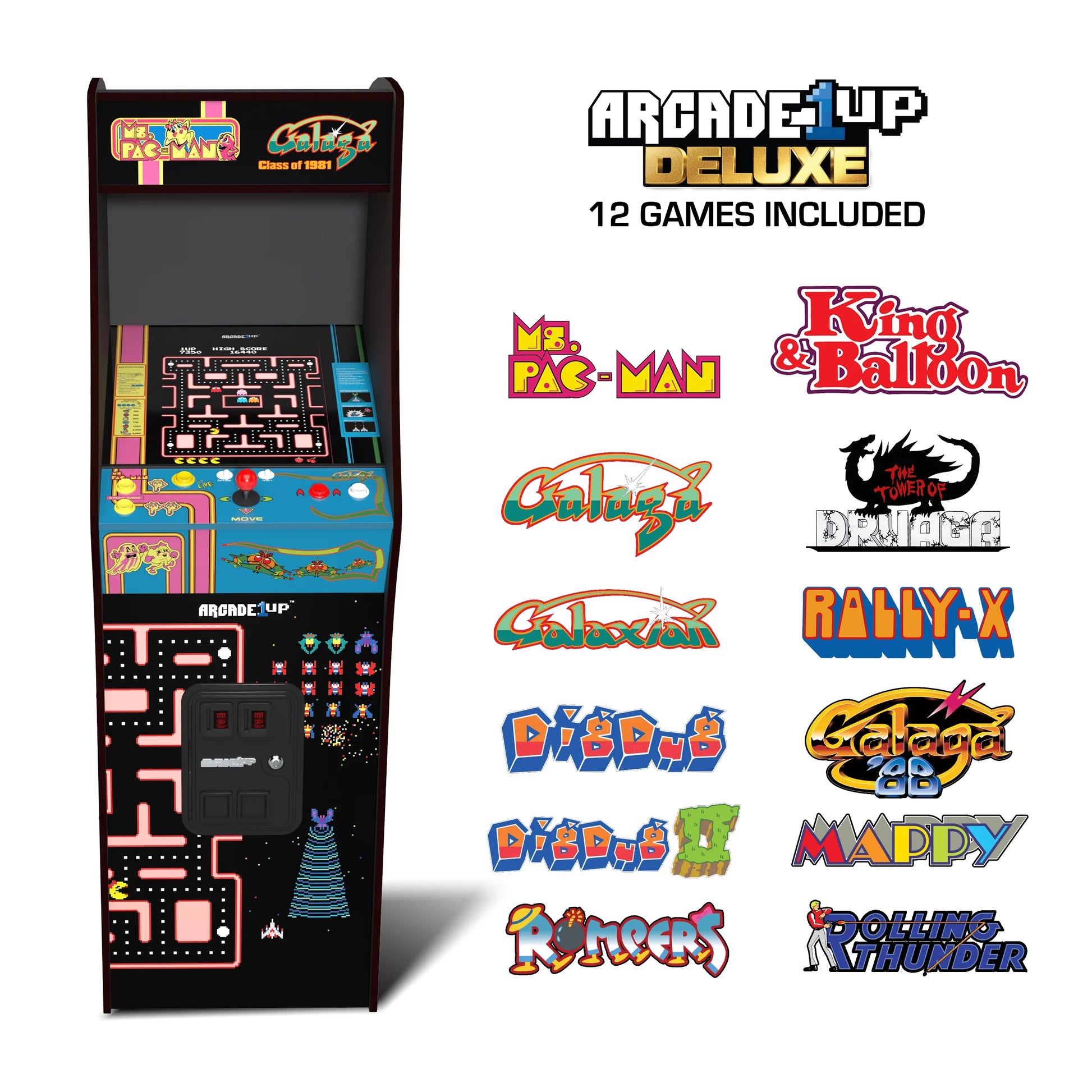 Ms. PAC-MAN & GALAGA Class of ‘81 Deluxe Arcade Game, Built for Your Home, with 5-Foot-Tall Full-Size Stand-Up Cabinet, 12 Classic Games, and 17-Inch Screen