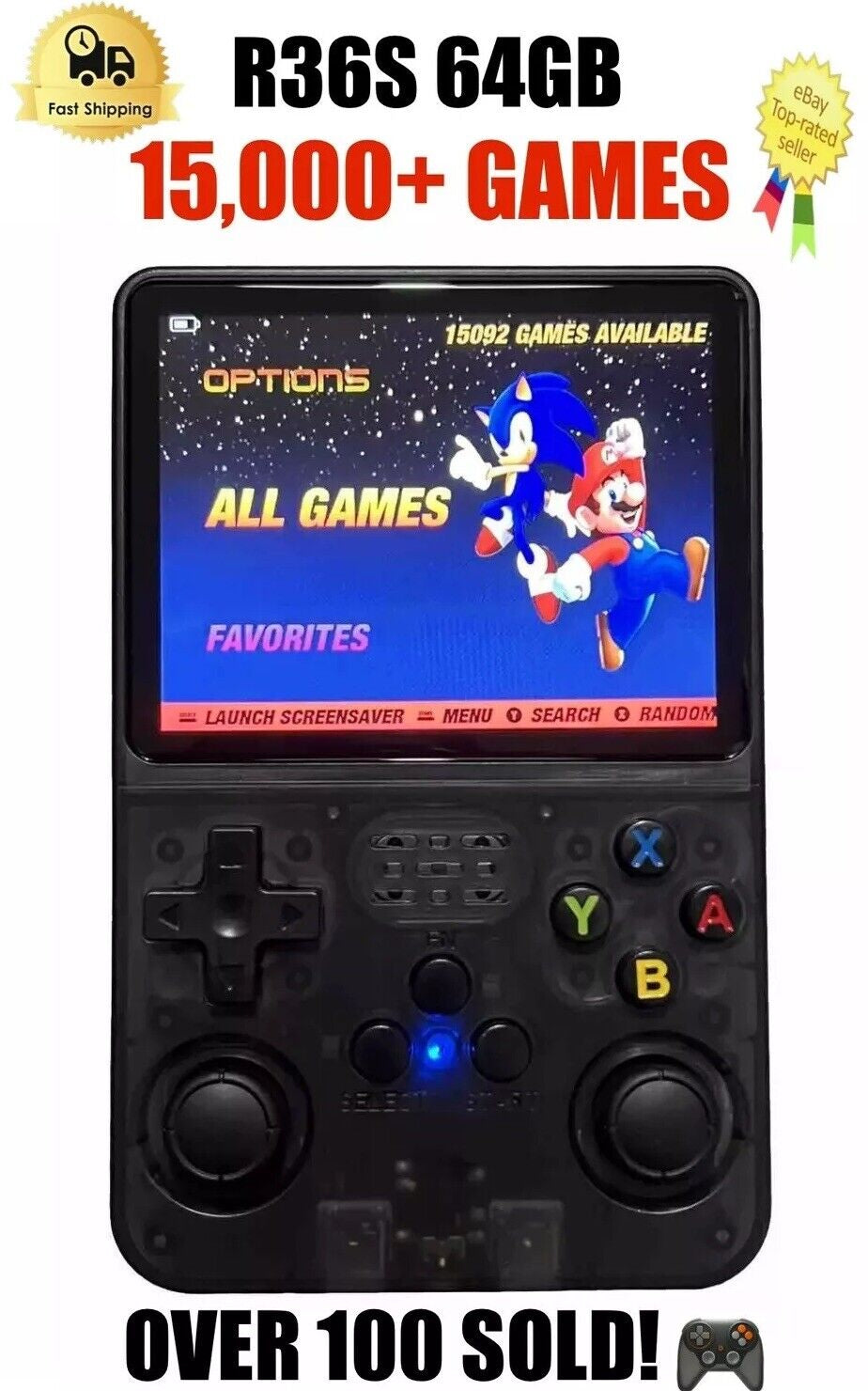 R36S Handheld Video Game Console - 15,000+ RETRO GAMES - 3.5 Inch Screen - Black